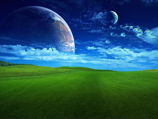 grass field, planet, Windows XP, digital art, sky