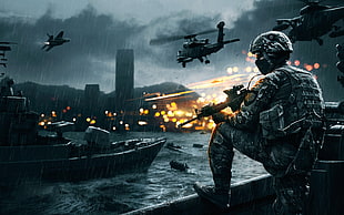 soldier holding sniper rifle on boat with choppers and planes in background