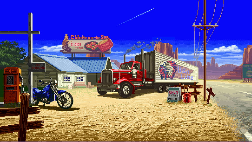 red trailer truck digital artwork, digital art, pixel art, pixelated, pixels HD wallpaper