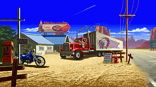 red trailer truck digital artwork, digital art, pixel art, pixelated, pixels