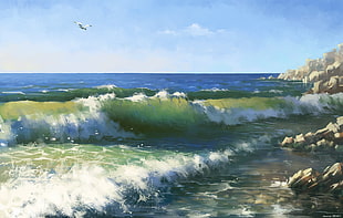 crashing sea waves painting, Alexander Zienko, sea, water, rocks