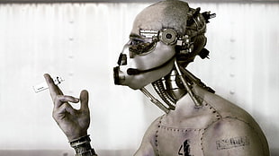 gray robot, cyberpunk, deus ex machima, cyborg, horror
