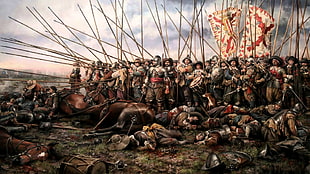 painting of warriors with spears, battle