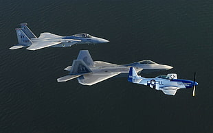 three gray aircraft, airplane, F22-Raptor, North American P-51 Mustang, F-15 Strike Eagle