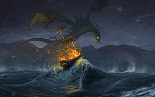 galleon ship in front of dragon spitting fire illustration