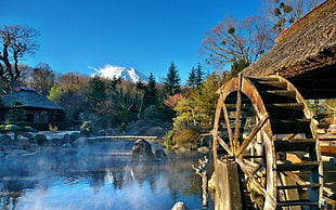 brown watermill, watermills, water, nature, mountains