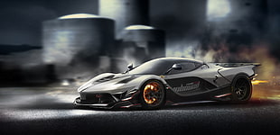 black sports car, Ferrari FXXK, car, motion blur, Ferrari