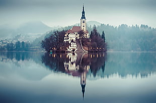 white and brown castle, lake, church, mist, reflection HD wallpaper