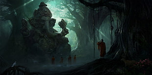 five people standing in front of Ganesha statue in forest digital wallpaper, abstract, Ganesha, trees, monks HD wallpaper