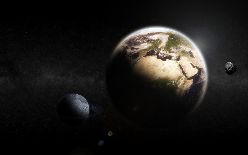 photo of earth and moon, space, planet, digital art HD wallpaper