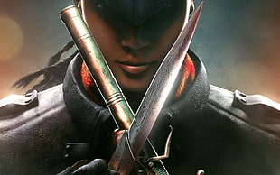 man in black jacket holding knife and metal bar HD wallpaper
