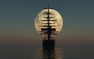 silhouette of ship during full moon digital wallpaper, ship, Moon, horizon, sailing ship