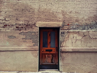 brown wooden door beside gray wall