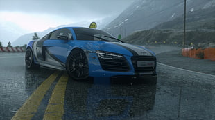 blue car, Audi R8, screen shot, road, reflection