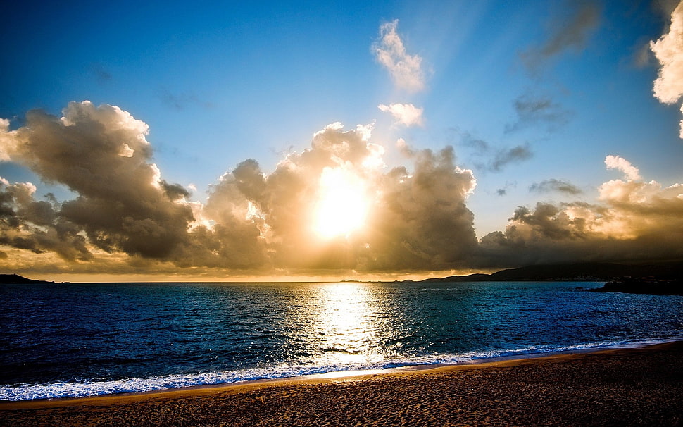 white clouds, sea, sunset, clouds, sky HD wallpaper