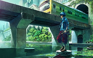 man wearing blue jacket fishing under bridge while train's passing anime digital wallpaper, fishing, anime boys
