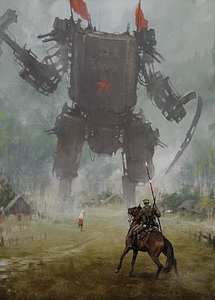 gray robot and horse painting, 1920, artwork, painting, science fiction