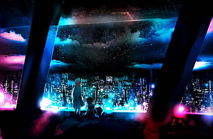 two child looking at the city digital wallpaper, futuristic, anime, cityscape, artwork HD wallpaper