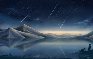 mountains under stars at nighttime, fantasy art, concept art, artwork, meteors