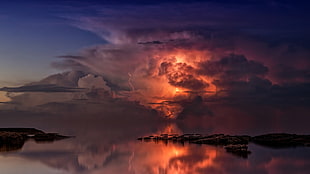 rock formation on body of water, nature, sky, reflection, clouds