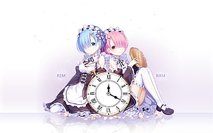 blue-and-pink-haired anime characters, Rem, Ram (Re:Zero), Re:Zero Kara Hajimeru Isekai Seikatsu HD wallpaper