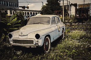 vintage white coupe, train station, old, old car, rust HD wallpaper