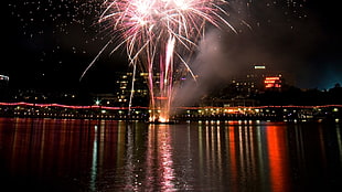 fireworks shooting from boat on top of body of water at nighttime, fireworks HD wallpaper