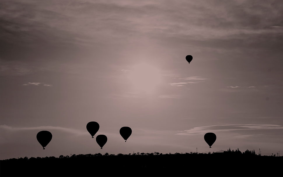 six hot air balloons, balloon, sky, landscape, flying HD wallpaper