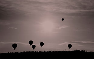 six hot air balloons, balloon, sky, landscape, flying