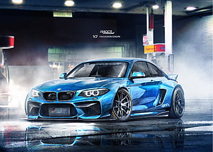 blue BMW sports coupe digital wallpaper, car, YASIDDESIGN, render, artwork