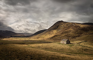 cottage at the middle of the field near mountains