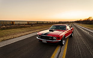 red and black coupe on the road HD wallpaper