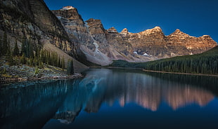 body of water near trees, mountains, Moraine Lake, Canada, sunset HD wallpaper