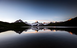 snow-capped mountain, landscape, mountains, lake, sunset