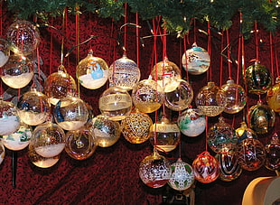 glass Christmas baubles hanging decor HD wallpaper