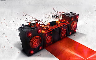 five black-and-red speakers, digital art, music, turntables, red