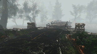 brown wooden bridge, Fallout 4, Bethesda Softworks, Game Mod, mist