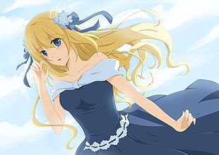 girl anime character wearing blue off-shoulder dress digital wallpaper