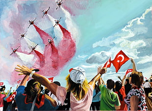 painting of people holding Turkey flags, Turkish Stars, Turkey