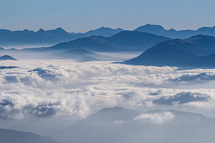 aerial photography of mountain misty day photo, mountain top, photography, clouds