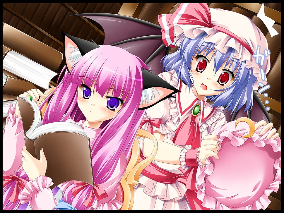 two female cat-ear and wing characters illustration HD wallpaper