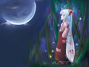 female anime character with white hair and red and peach long-sleeved dress digital wallpaper