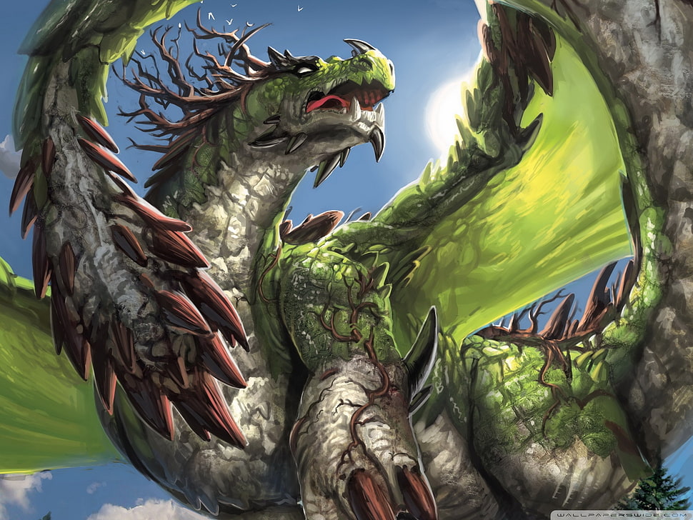 green dragon illustration, dragon, fantasy art, creature, artwork HD wallpaper