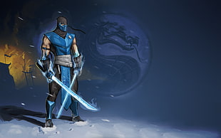 man in blue armor holding sword illustration
