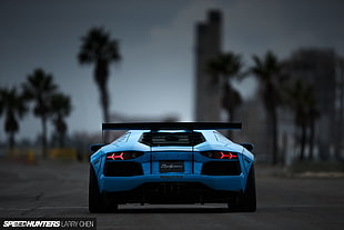 blue luxury car with text overlay, car, Lamborghini, Lamborghini Aventador, LB Works HD wallpaper