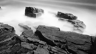 gray rocks, mist, stones, monochrome, rock HD wallpaper