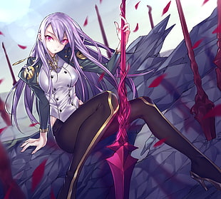 purple haired female Anime character illustration