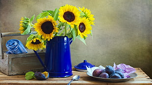 yellow sunflower arrangement, sunflowers, fruit HD wallpaper