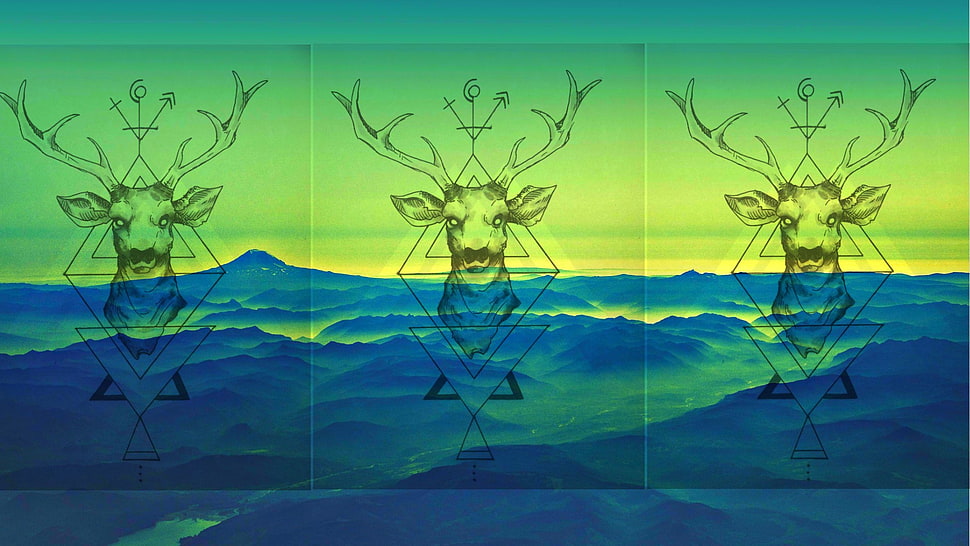 black and green reindeer head painting, nature, animals, digital art, deer HD wallpaper