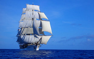 white sailship, sailing, sailing ship, sea, vehicle
